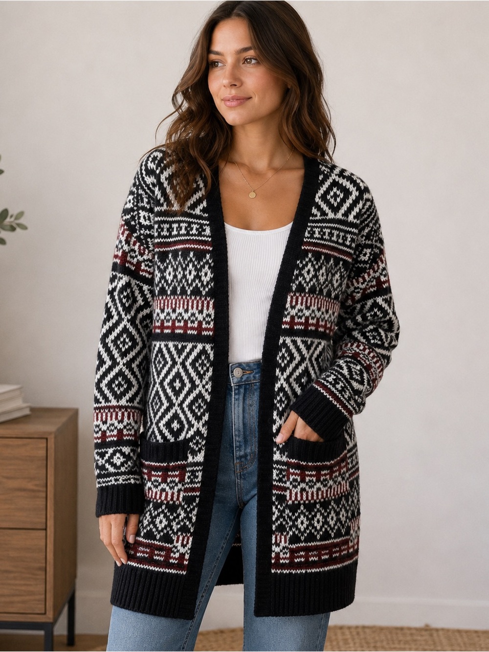 Fair Isle M Cardigan Sweater Nordic Forever 21 Black Open Acrylic Scandinavian